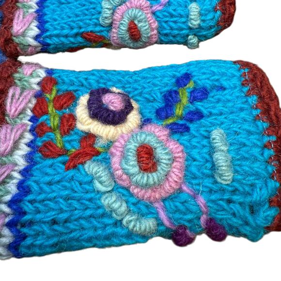 Handmade crochet hand knitted blue floral 100% wool fleece fingerless gloves - Picture 8 of 11